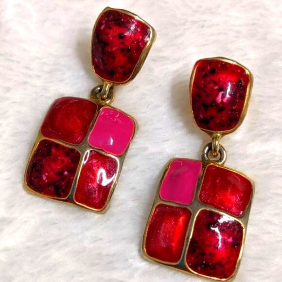 Vintage 1980's Pink & Gold Square Enamel Pierced Earrings - Picture 6 of 9